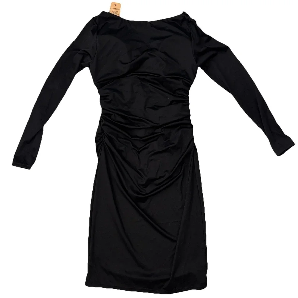 NWT Popilush Black Built in Shapewear Slimming Ruched Bodycon Dress Large Sleek - Picture 3 of 9